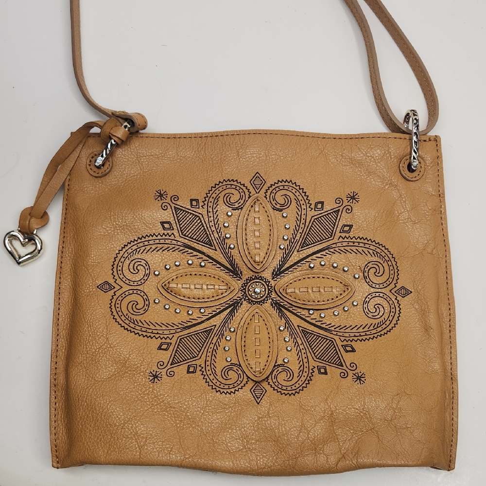 Brighton Tan Floral-Stamped Crossbody Bag with Heart Charm